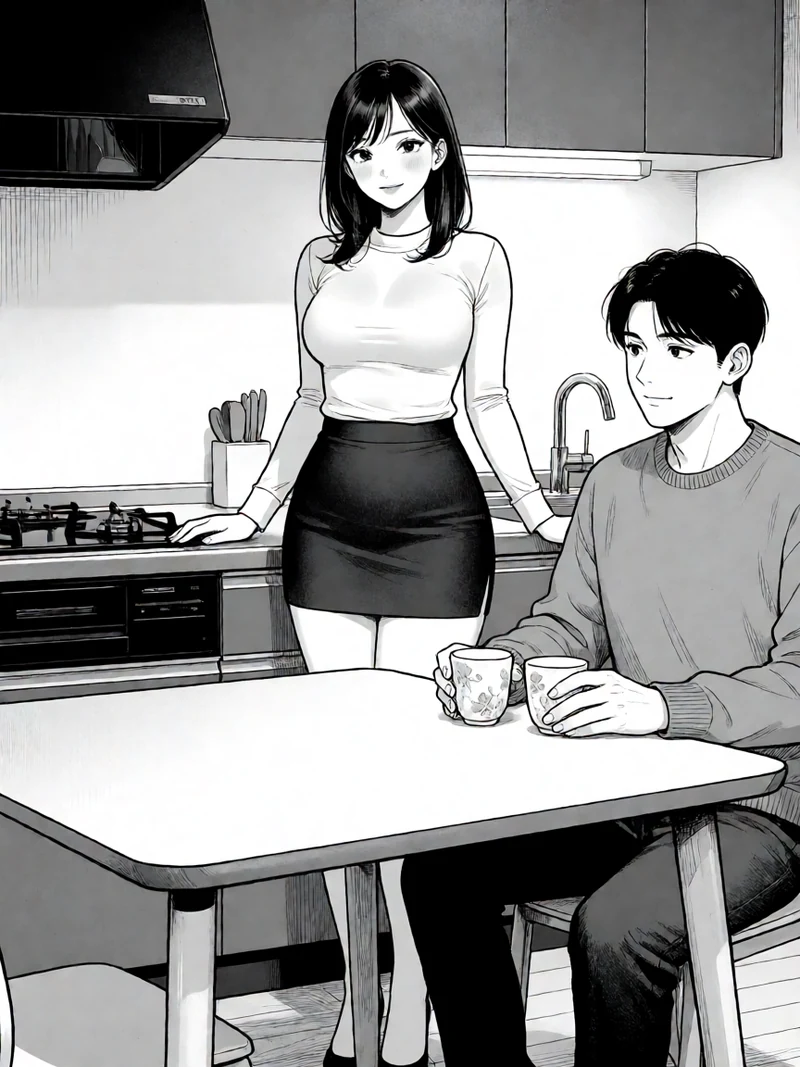 羞羞漫画同居题材日式漫画图：两名虚构成年人在公寓厨房隔桌相望