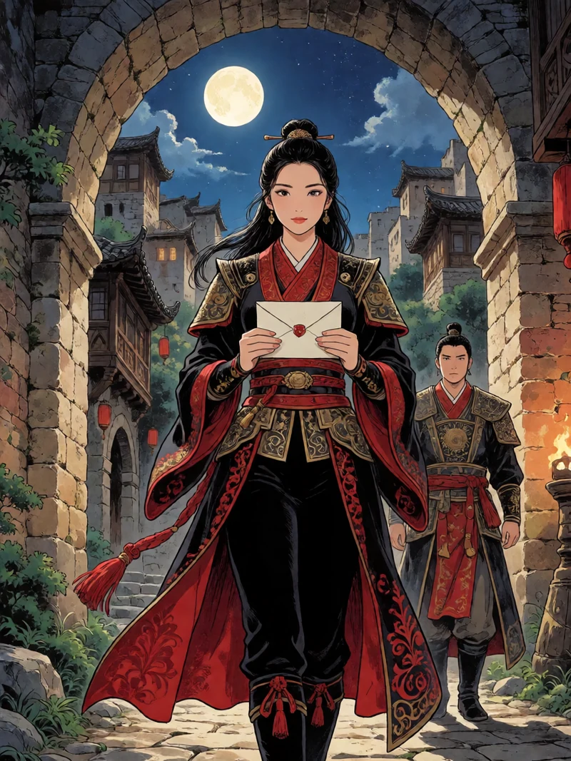 羞羞漫画奇幻契约题材日式漫画图：虚构成年女子穿黑红旅行装站在月光城门