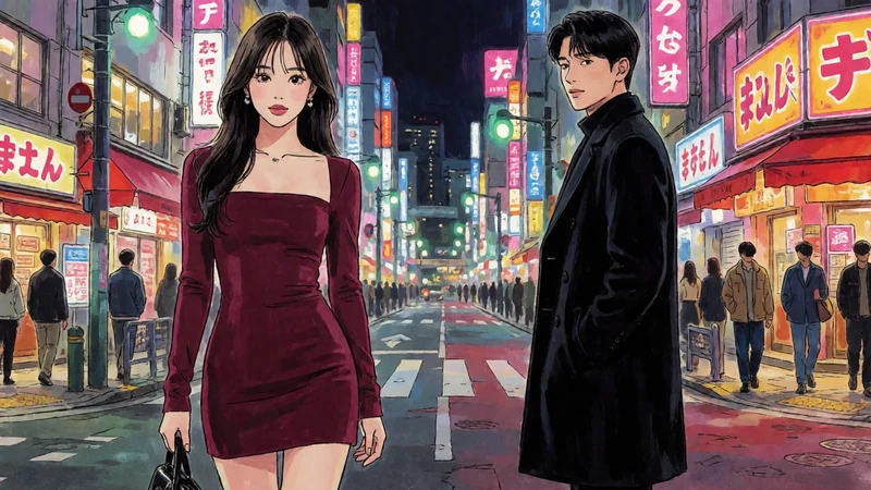 羞羞漫画首页日式漫画风主题图：两名虚构成年角色在城市夜色中隔街相望