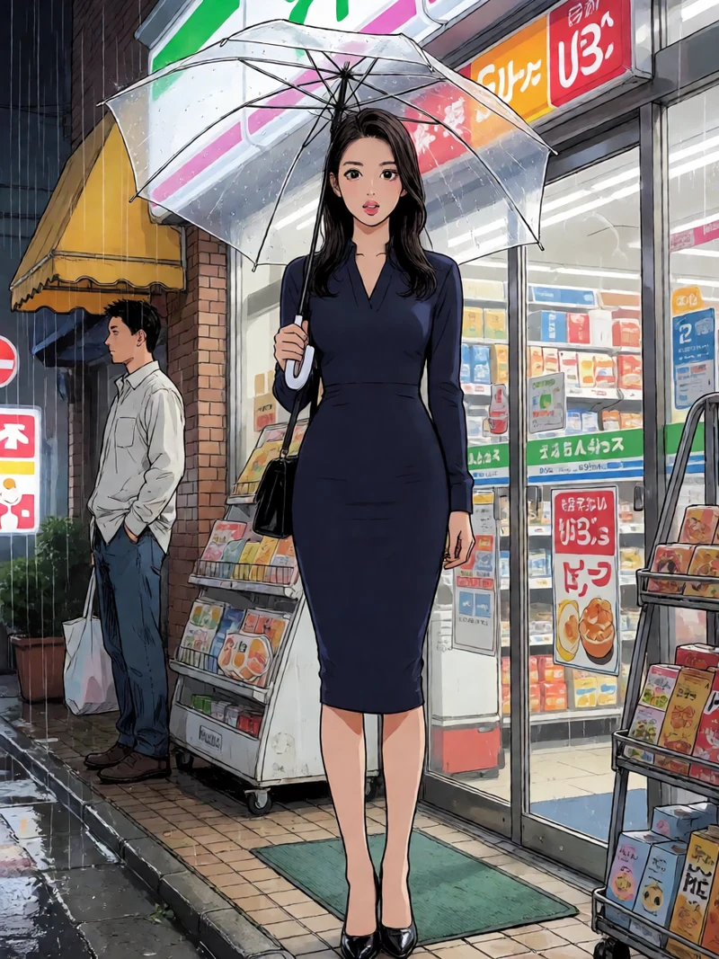 羞羞漫画夜班题材日式漫画图：虚构成年女子穿深蓝裙站在雨夜便利店门口