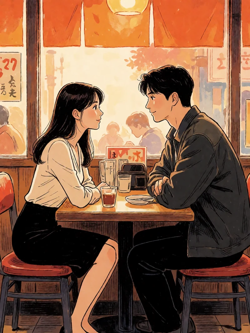 羞羞漫画旧友重逢题材日式漫画图：两名虚构成年人在小餐馆隔桌交谈