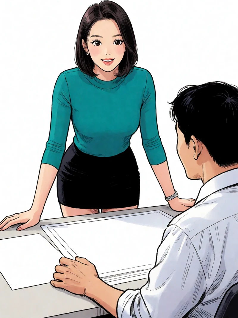 羞羞漫画职场对手题材日式漫画图：虚构成年男女在设计工作室讨论方案